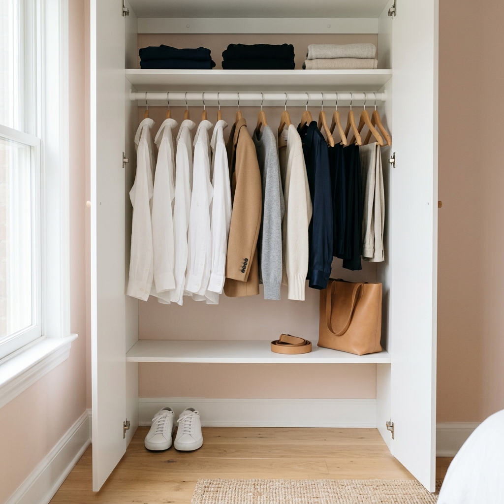 Perfectly organized minimal capsule wardrobe in white closet with neutral-toned clothing and accessories