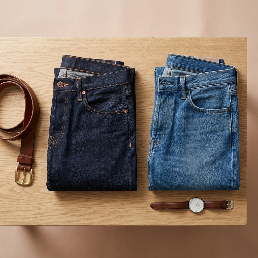 Two pairs of premium denim jeans folded on a wooden surface with leather belt and minimalist watch