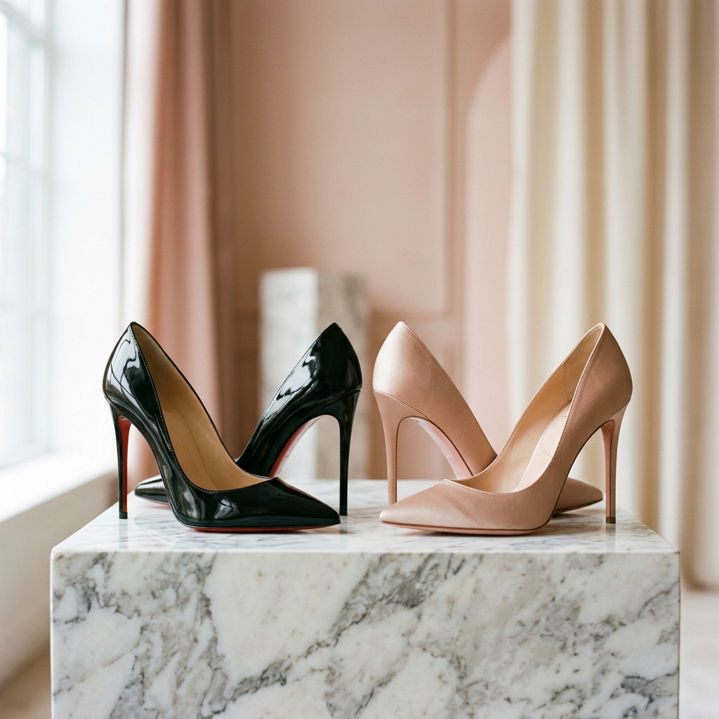 Designer pointed-toe stiletto pumps in black patent and nude satin on marble pedestal