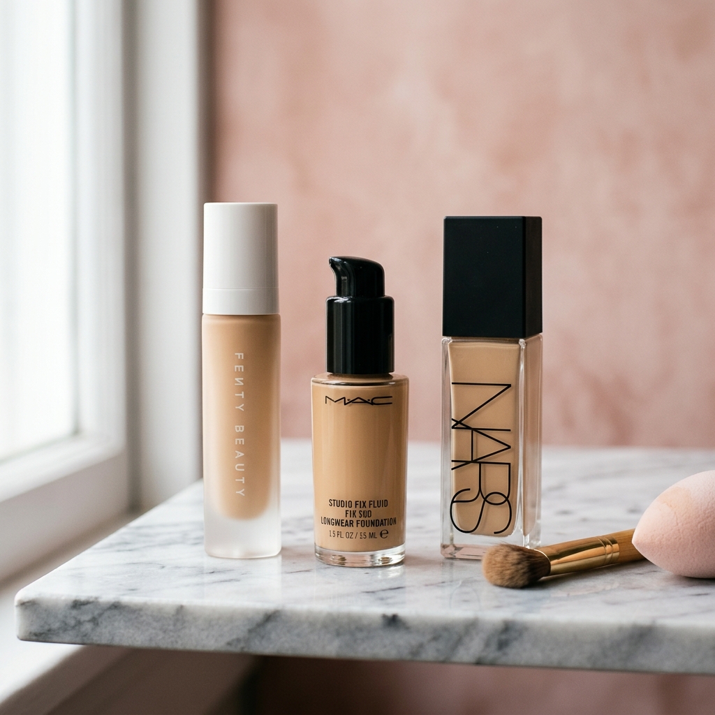 Three foundation bottles from Fenty Beauty, MAC, and NARS arranged on a marble surface with makeup brushes