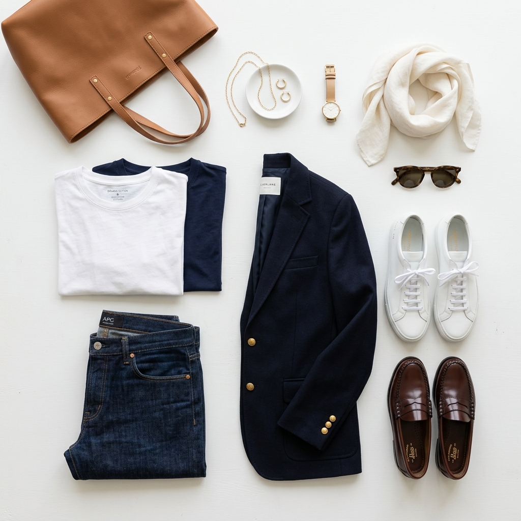 Essential capsule wardrobe items laid flat on white background