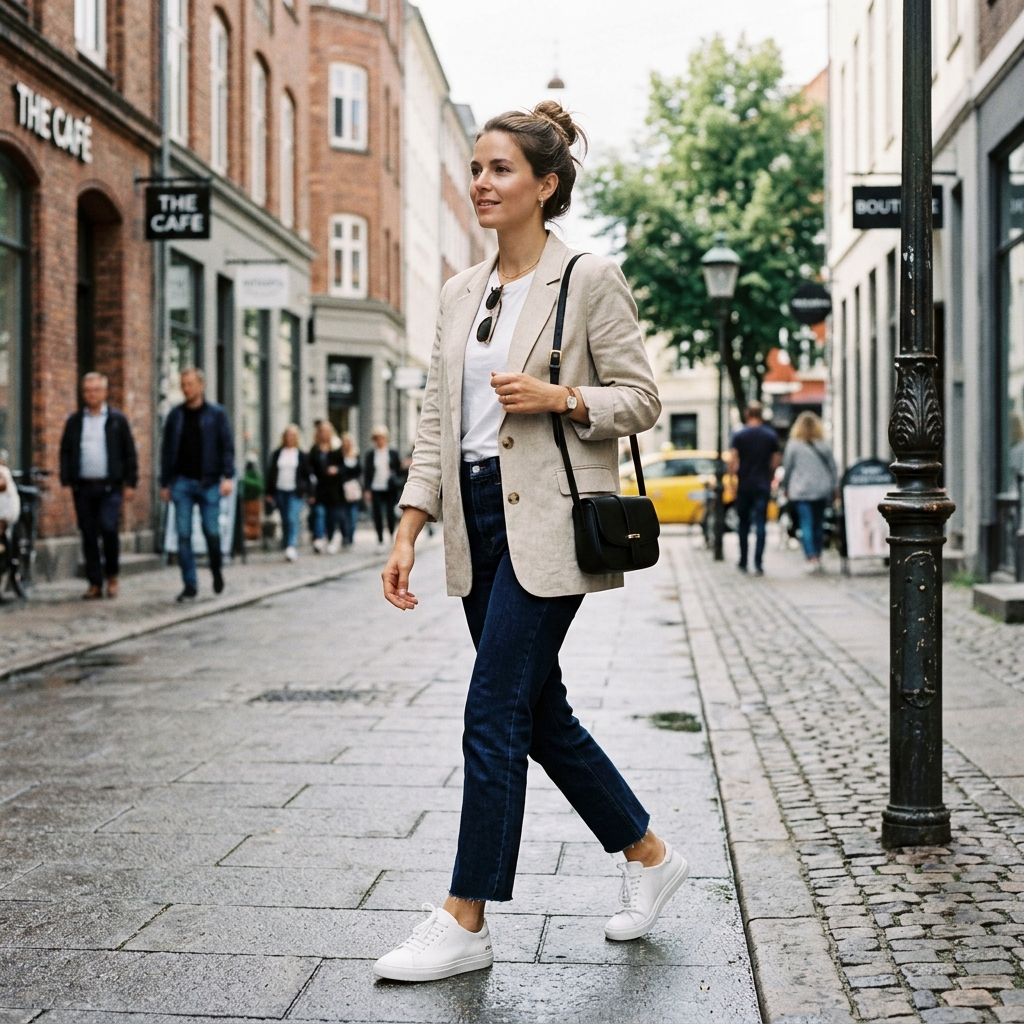 Person wearing a stylish capsule wardrobe outfit