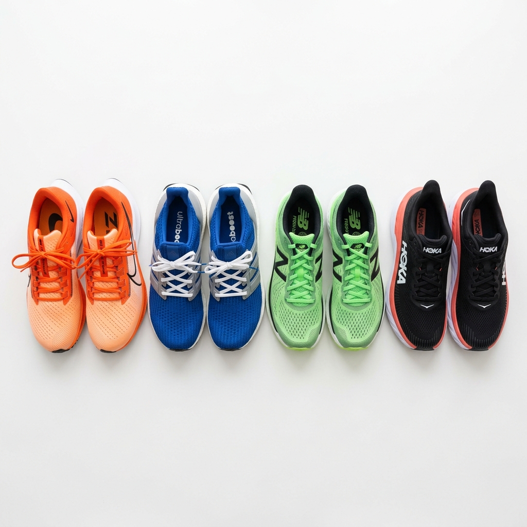 Line-up of running shoes for flat feet comparison