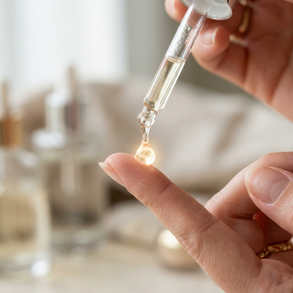 Bumper Detail: Glass dropper placing a single glowing viscous droplet of clear serum onto a finger