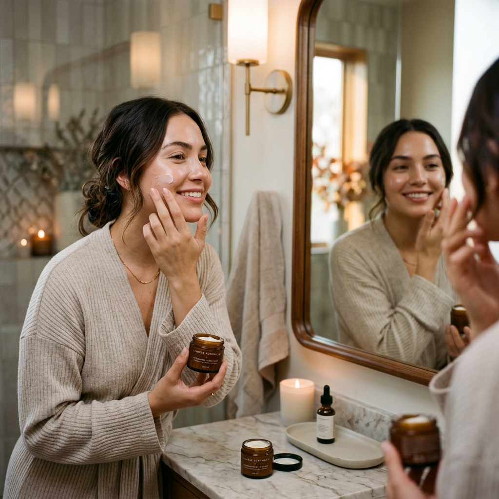 Lifestyle: A beautiful woman gently applying luxury moisturizing cream to her face in front of a mirror
