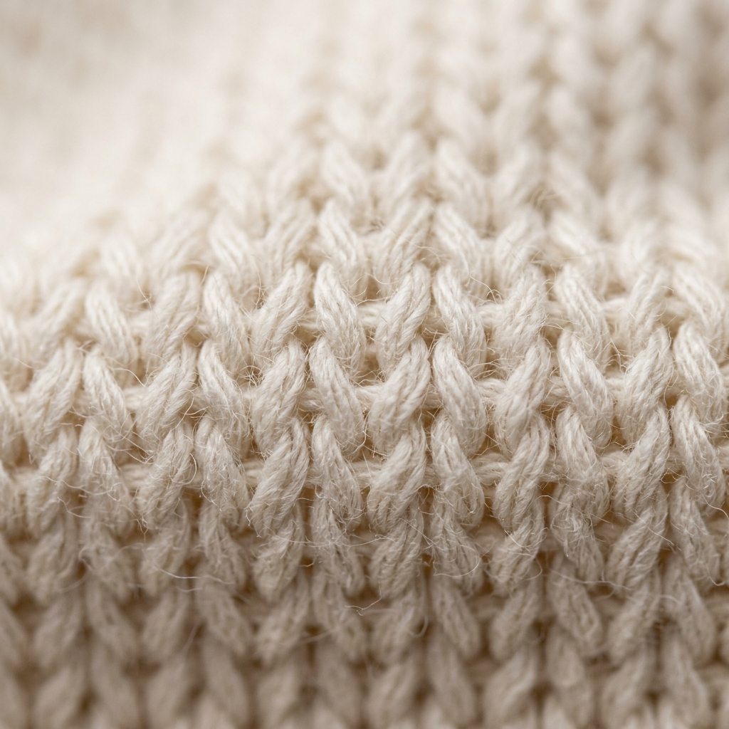 Detail: Close-up macro photo of combed cotton t-shirt fabric loops showing detailed knit structure