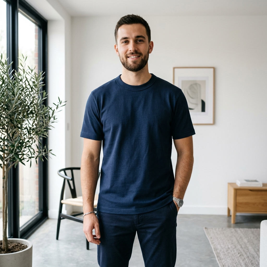 Lifestyle: A person wearing a premium perfectly-fitting navy heavyweight cotton t-shirt in a bright modern room