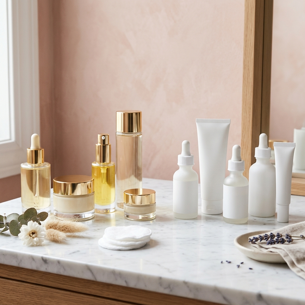 Luxury and affordable skincare products side by side on marble vanity with flowers and cotton pads