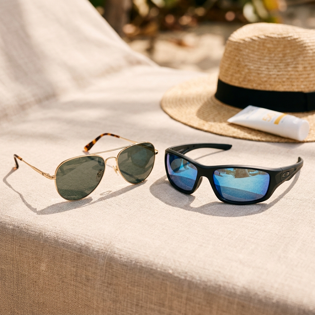 Aviator sunglasses and sport sunglasses with blue polarized lenses on linen with straw hat