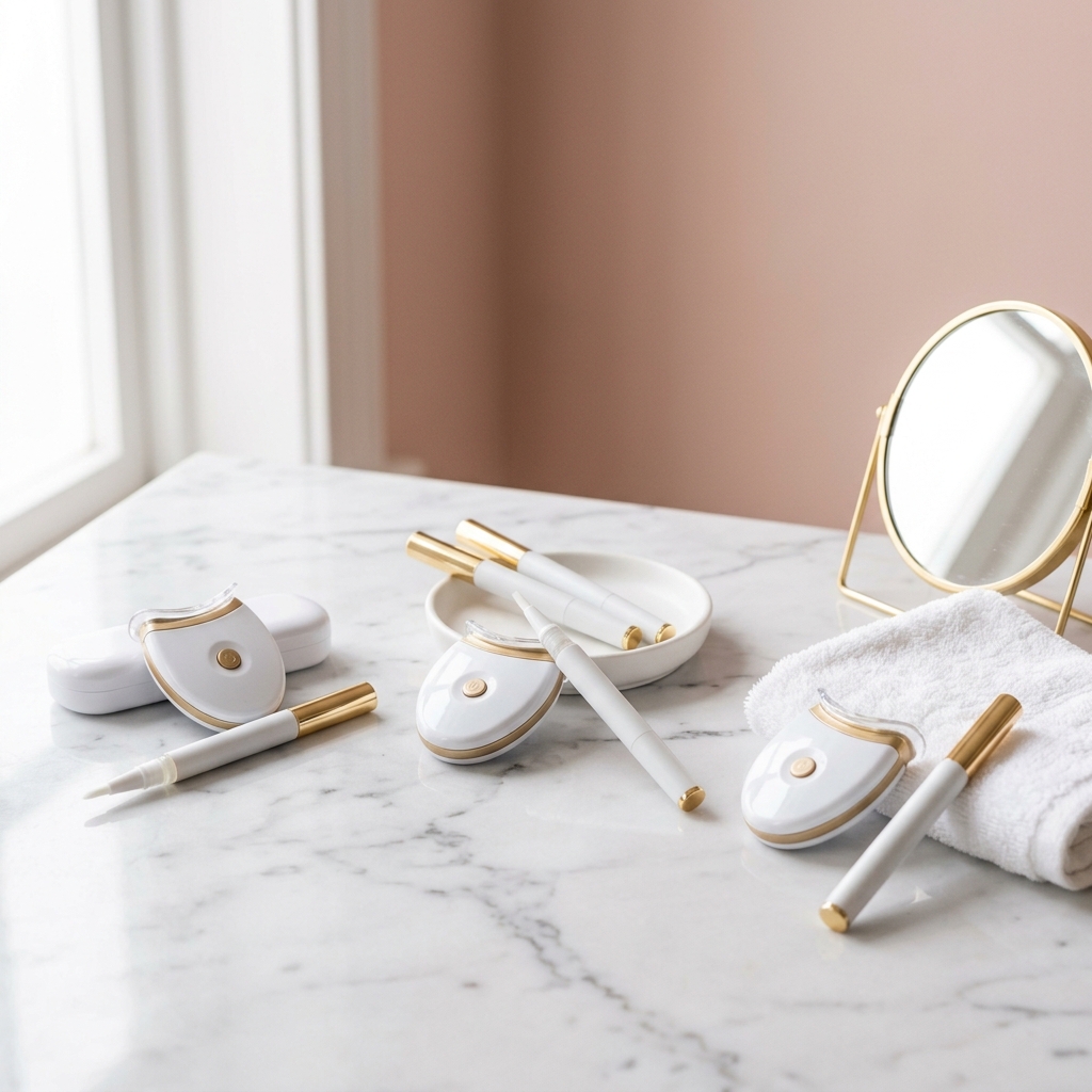 Three teeth whitening kits with LED devices and gel pens on a marble surface