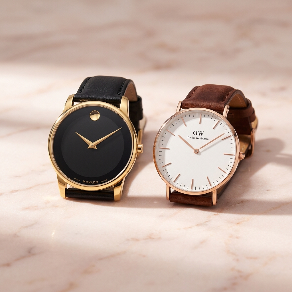 Movado Museum Classic and Daniel Wellington Classic watches side by side on marble surface