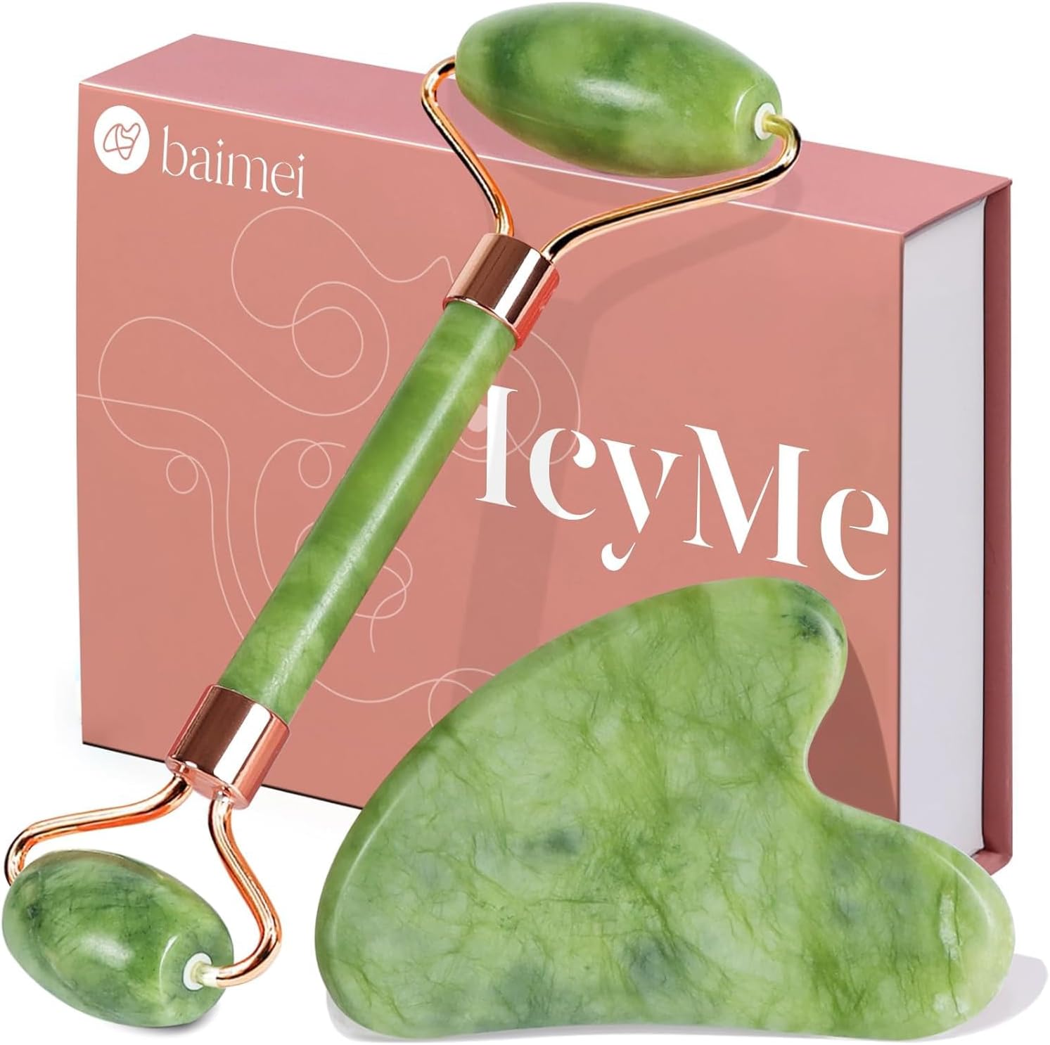 BAIMEI jade roller and gua sha massage tool set resting on vanity table