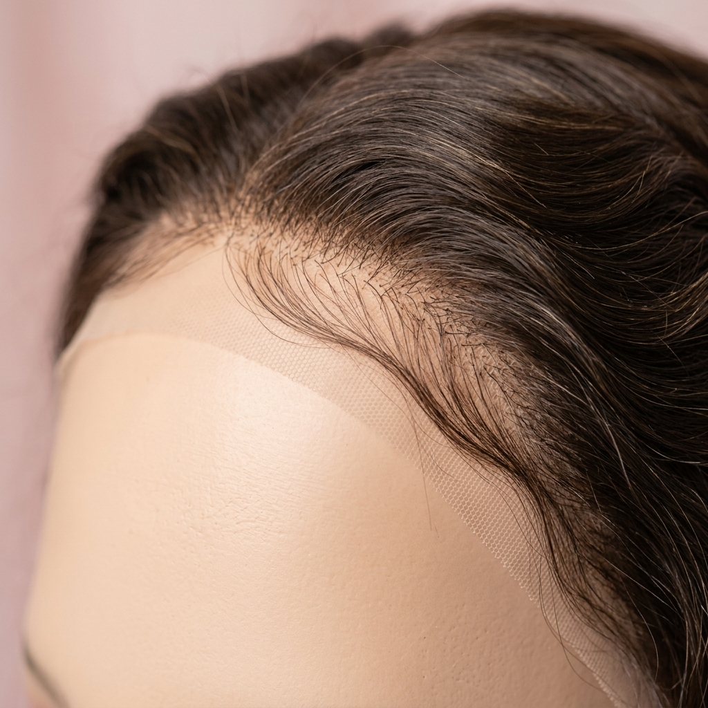 Wig hairline close-up showing transparent lace edge