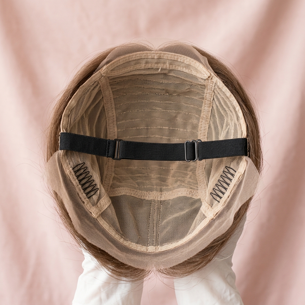 Brethable interior wig cap showing elastic band construction
