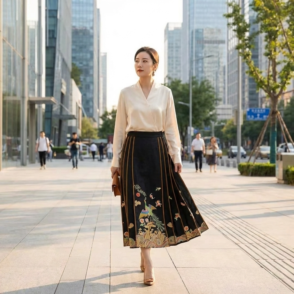 Black Peacock Embroidered Silk Mamian Skirt