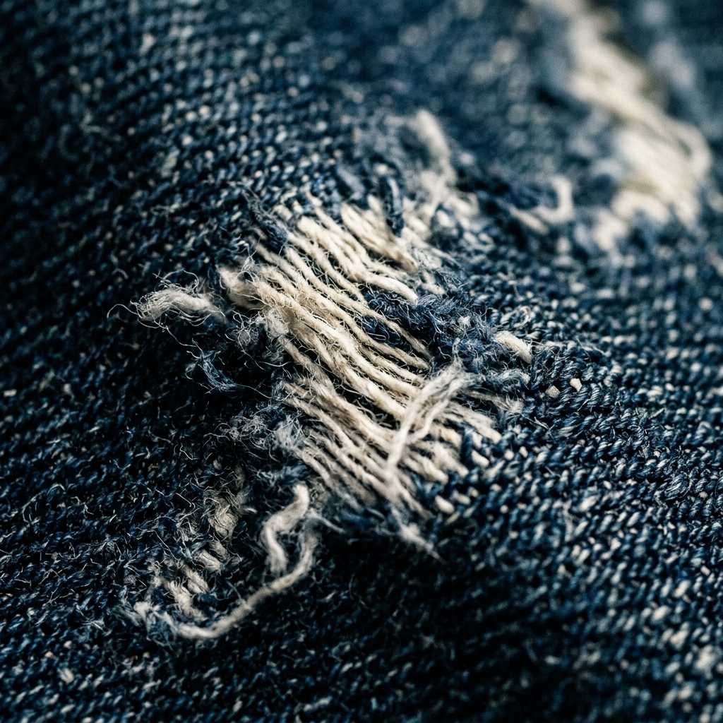 Indigo thread macro twill weave showing white core
