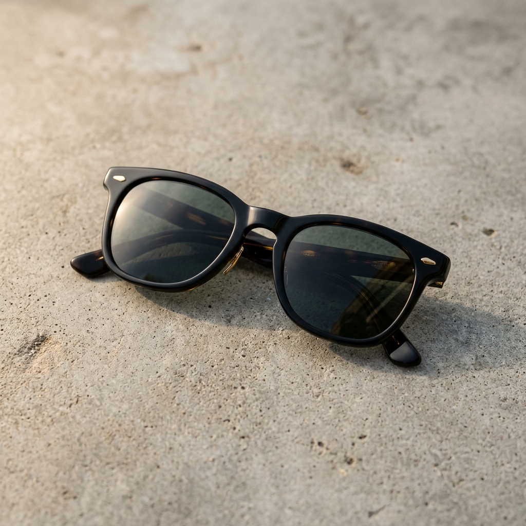 Elegant classic sunglasses lying on a minimal textured concrete surface