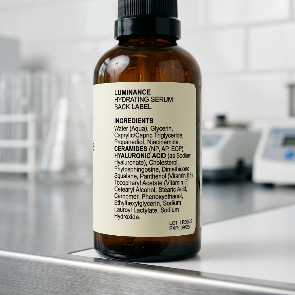 Skincare bottle showing ceramides and hyaluronic acid ingredients list
