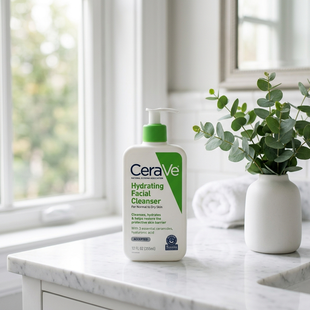 CeraVe Hydrating Facial Cleanser bottle on clean bathroom counter