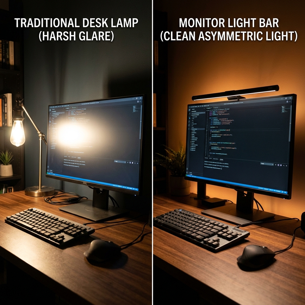 Comparison showing traditional desk lamp causing harsh glare vs monitor light bar with clean asymmetric light