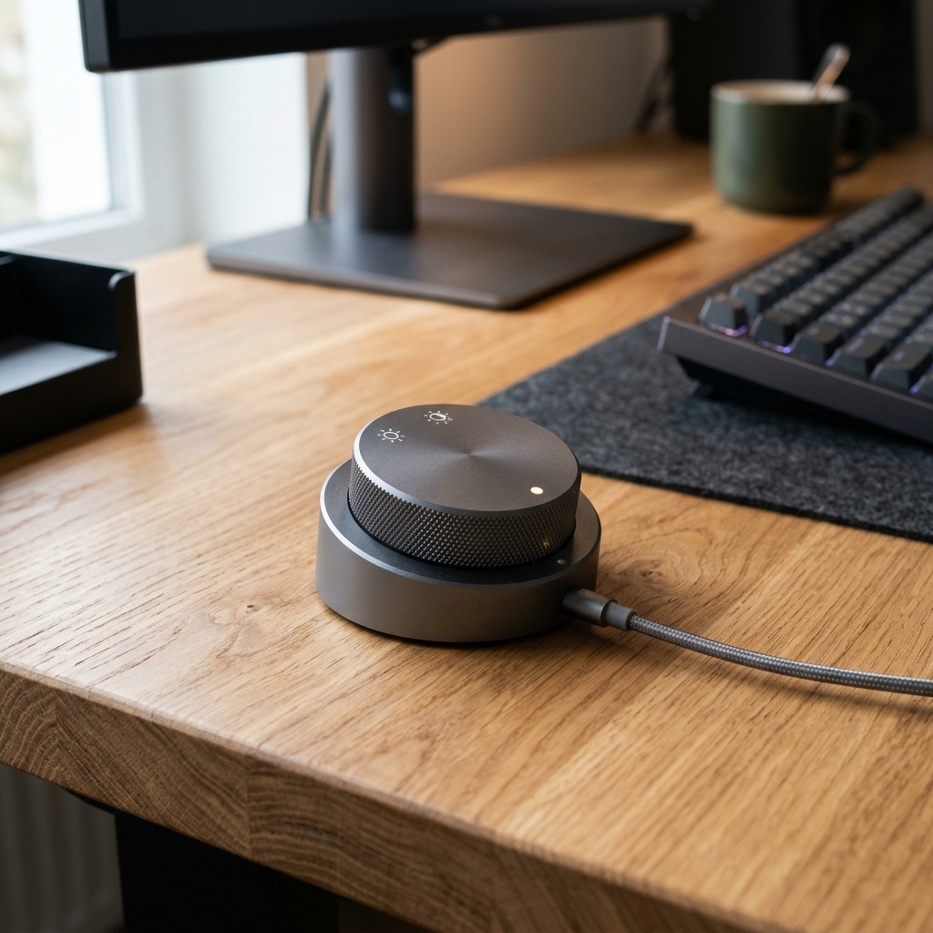 Close up of monitor light bar controller dial resting on a desk