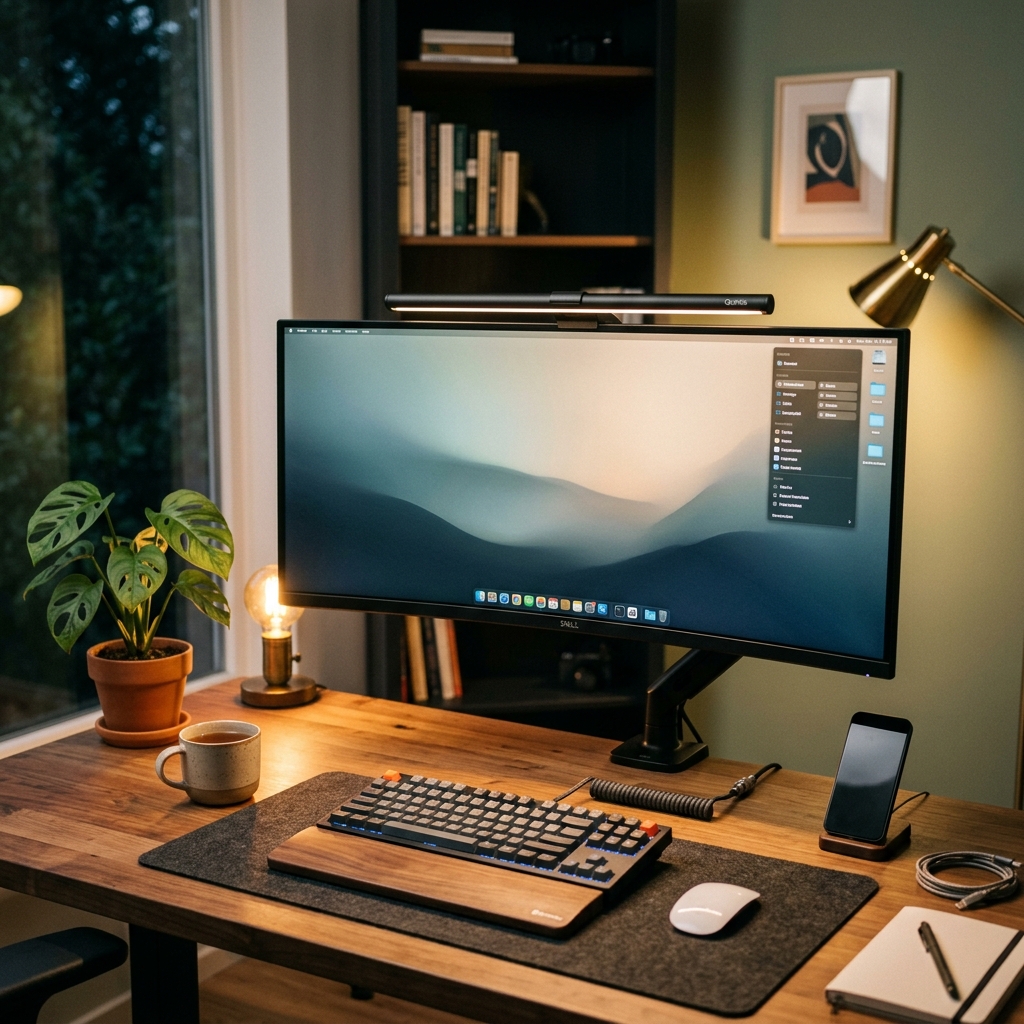 Minimalist office desk setup with a monitor light bar casting warm glow
