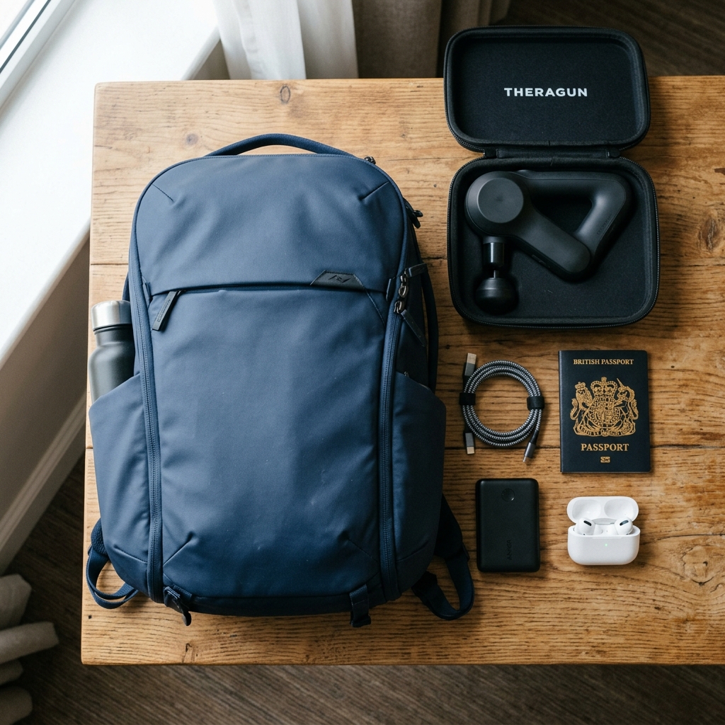 Travel flat lay showing carry on backpack and Theragun Mini in its case