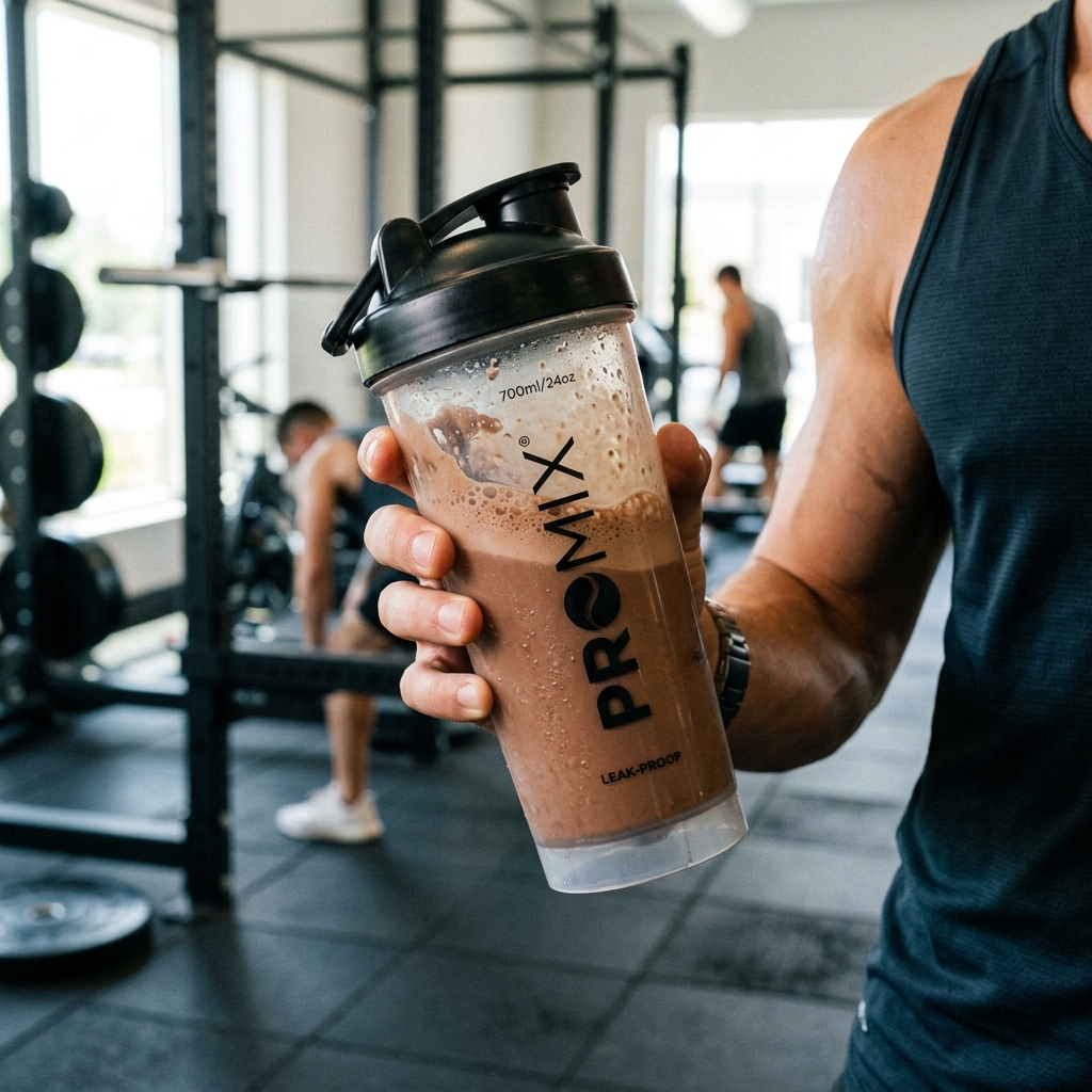 Person holding chocolate protein shake bottle in gym environment