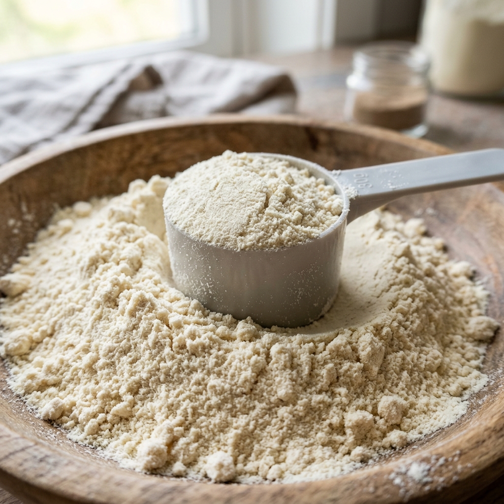 Scoop of whey protein powder resting on a heap of powder in a wooden bowl