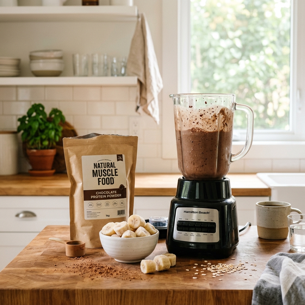 Creamy chocolate protein smoothie next to a bag of protein powder on kitchen counter