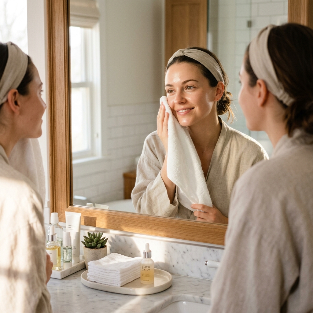 Wiping face with Purcotton towel