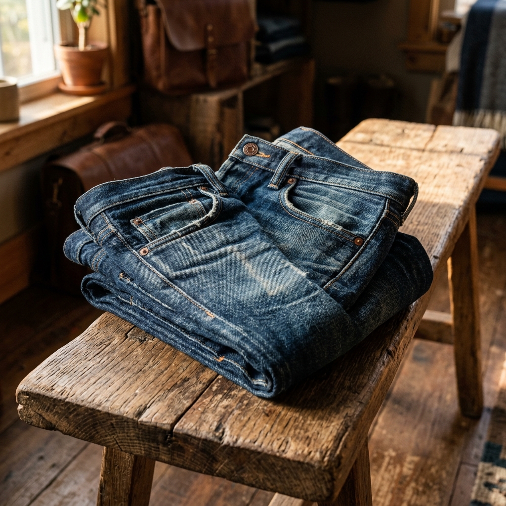 Faded raw denim whiskers and honeycombs details