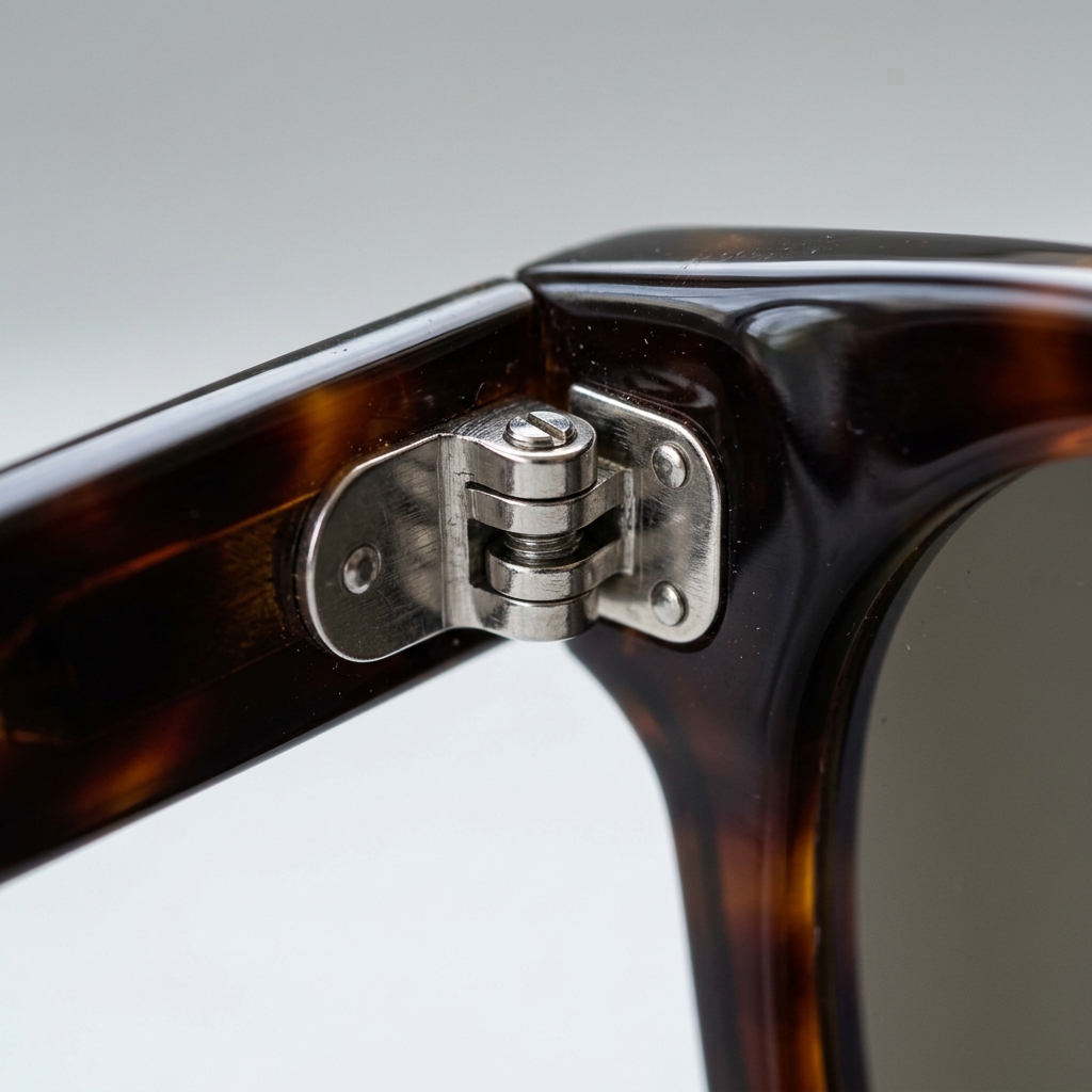 Close-up macro photograph of a sunglasses metal hinge and acetate frame showing details of construction