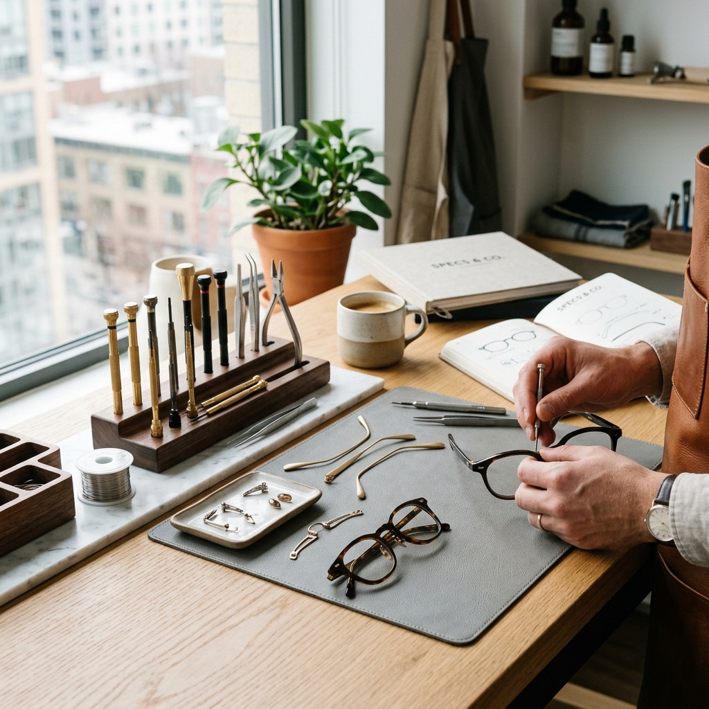 Clean workspace with tools for assembling spectacles, precision screwdrivers, and polished frame components