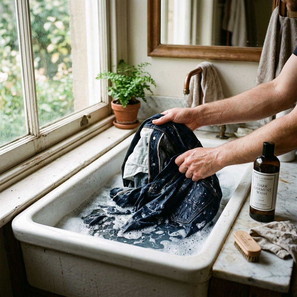 Washing dark raw denim inside out in white basin