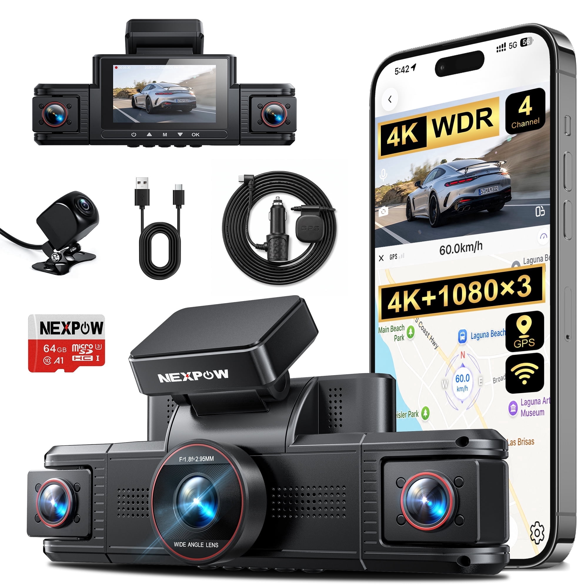 NEXPOW 4K 4-Channel 5G WiFi Dash Cam, GPS Dash Camera for Car with 64GB Card, Voice Control, WDR Night Vision, Parking Mode, 4Kplus1080Pplus1080Pplus1080P Front Rear Left Right Dashboard Camera