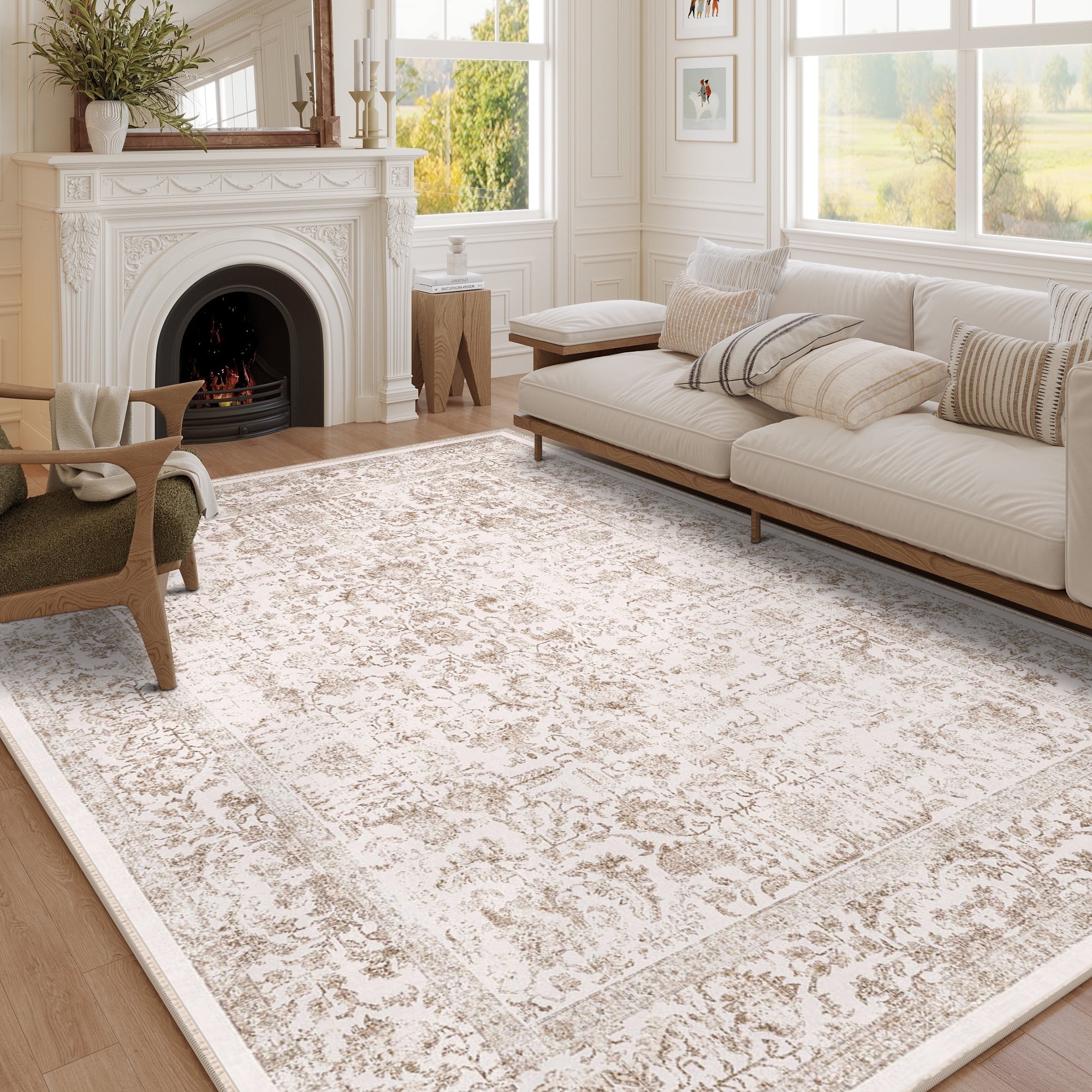 BERTHMEER 8x10 Large Area Rugs for Living Room Bedroom Dining Room Office Oriental Floral Vintage Farmhouse Machine Washable Non-slip Traditional Softer Distressed Carpets, Brown