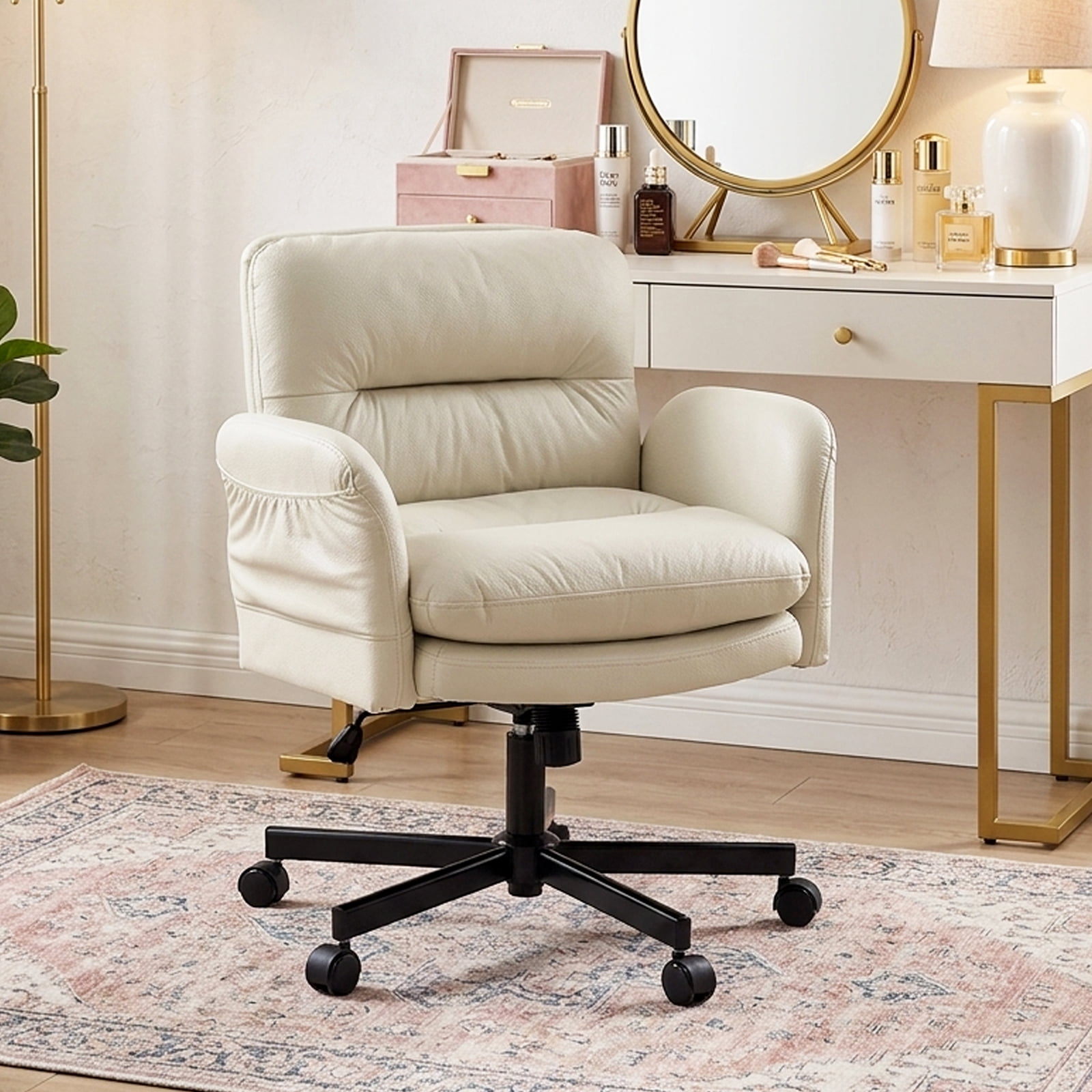 Bestier Office Chair Criss Cross Chair with Flip-Up Arms, Adjustable Height, Comfy Computer Chair, Vanity Chair with Side Pockets, Beige,PU Leather