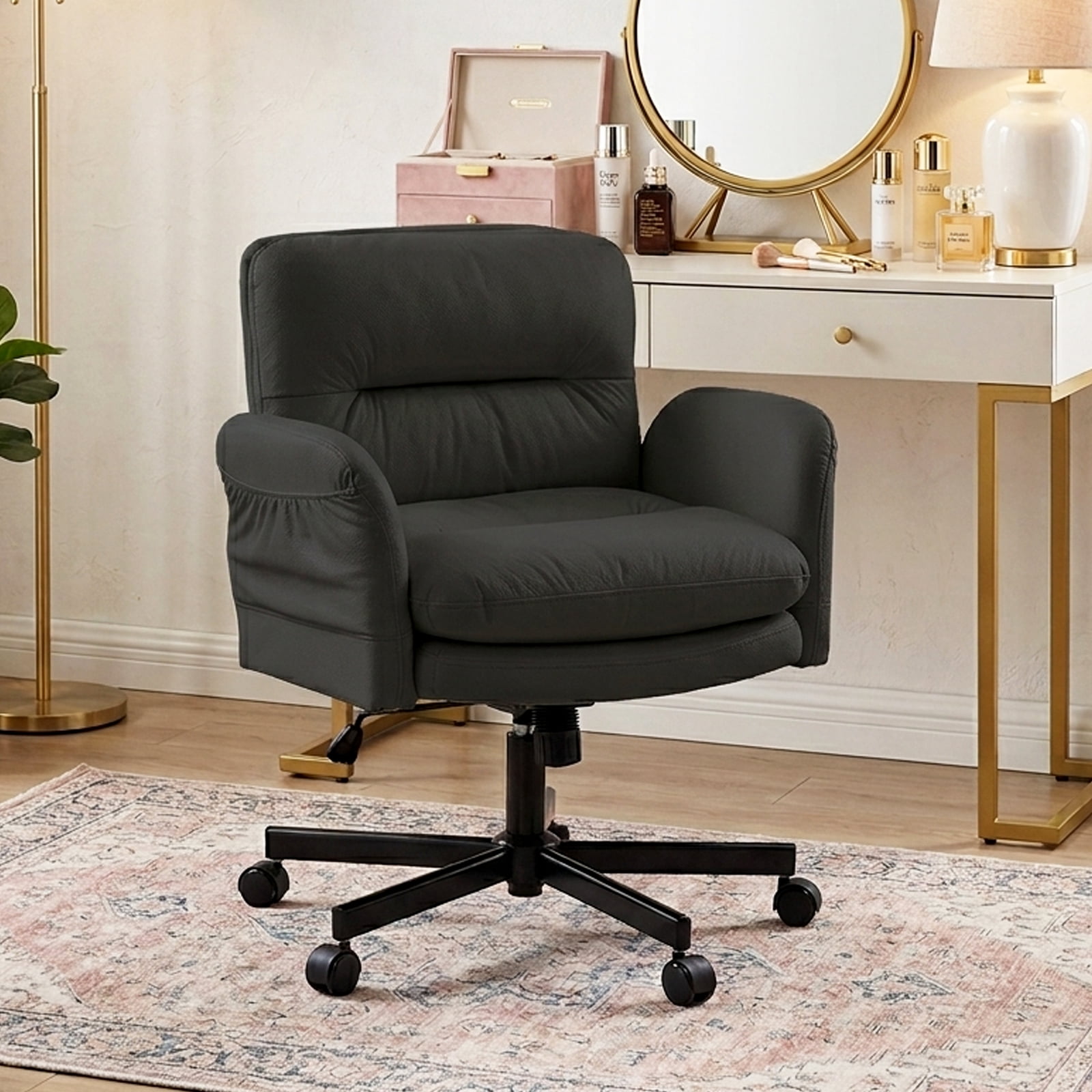 Bestier Office Chair Criss Cross Chair with Flip-Up Arms, Adjustable Height, Comfy Computer Chair, Vanity Chair with Side Pockets, Black,PU Leather