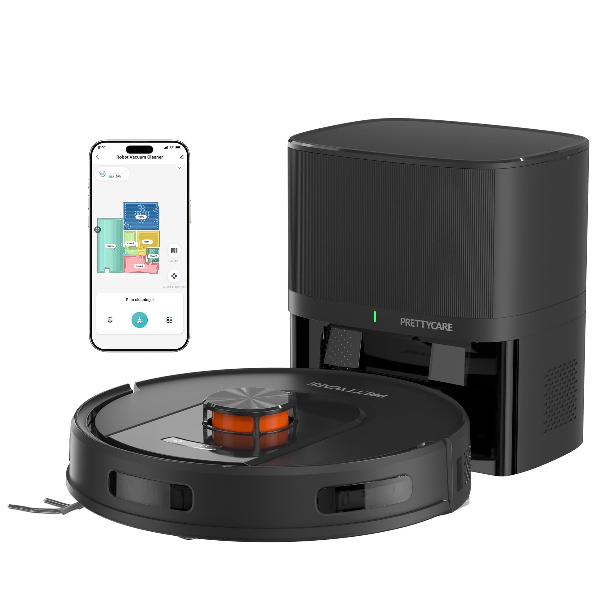 PrettyCare Robot Vacuum and Mop, Self Washing, Self Drying, Self Emptying(Black)