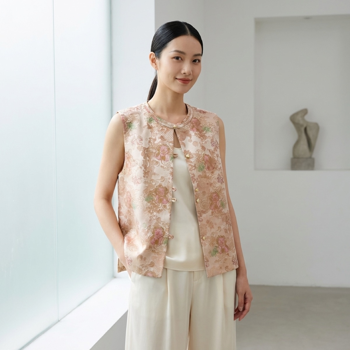 Beige Chinese Style Vest – Floral and Mythical Print Rayon Blend Sleeveless Waistcoat with Frog Buttons | Luxe Orienta