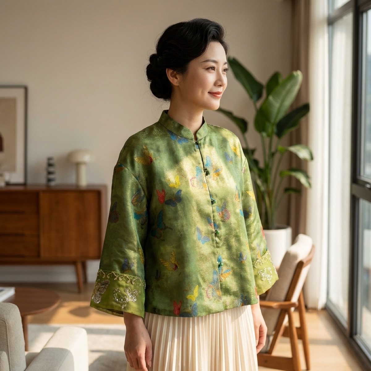 Green Silk Butterfly Chinese Jacket– Mulberry Silk Open-Front Top with Embroidered Details | Luxe Orienta