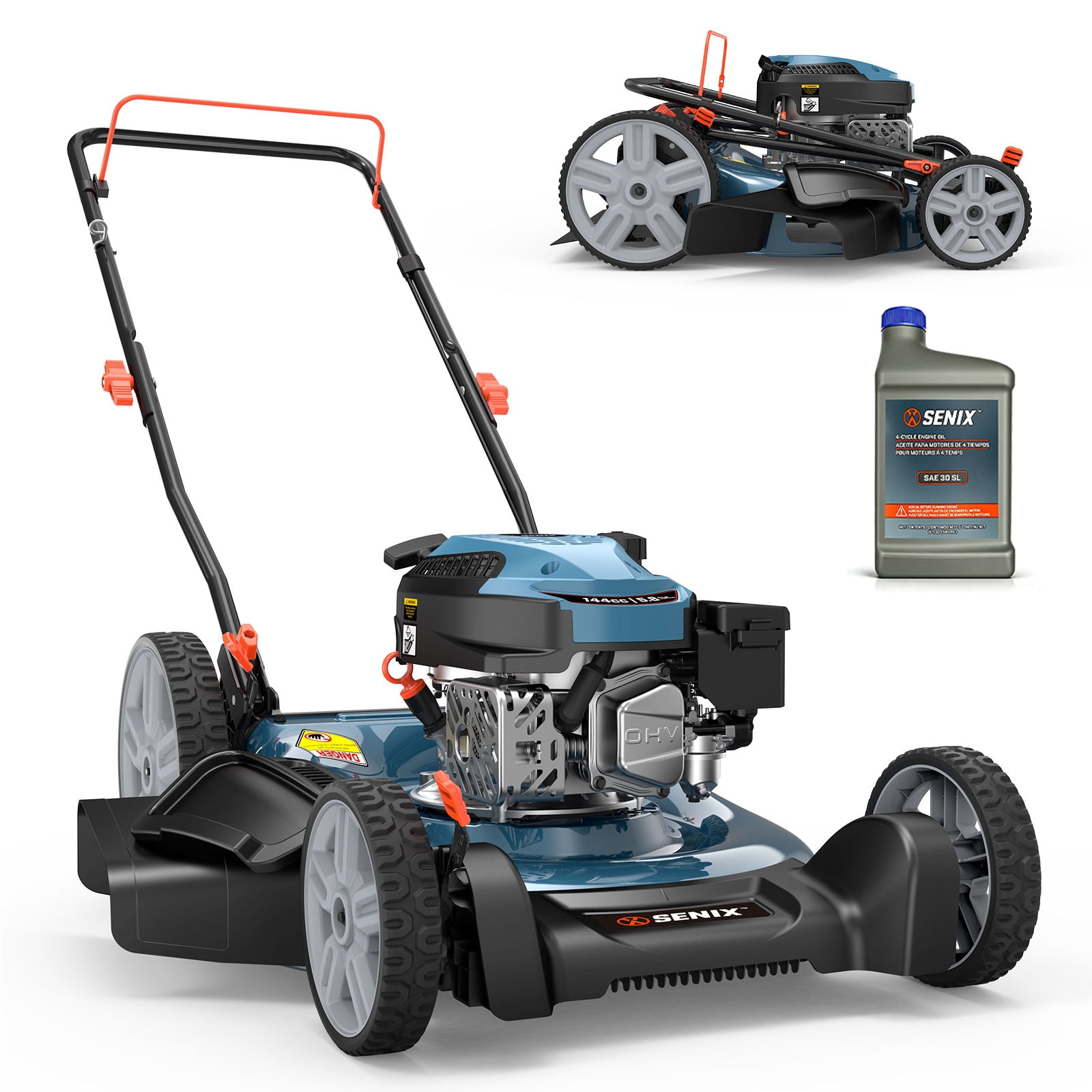 Senix 21-Inch Gas Lawn Mower, 144cc 4-Cycle, 2-in-1 Mulch and Side Discharge, Durable Design, 6 Adjustable Heights