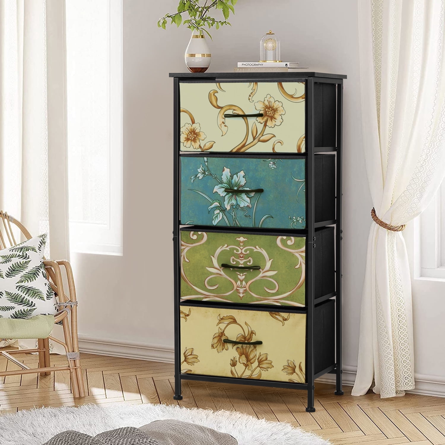 4 Drawers Dresser for Bedroom, Vesteel Fabric Chest of Drawers Tall Storage Tower with Wood Top and Sturdy Steel Frame, Storage Organizer Unit for Closet /Living Room /Hallway - Retro Flora