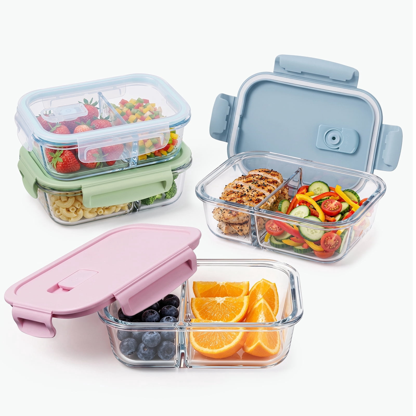 Vesteel 4 Pack Glass Meal Prep Containers, Lunch Bento Boxes with Snap Locking Lid, 24 oz/710 ml Food Storage Containers with 2 Compartments, Oven, Freezer, Microwave and Dishwasher Safe