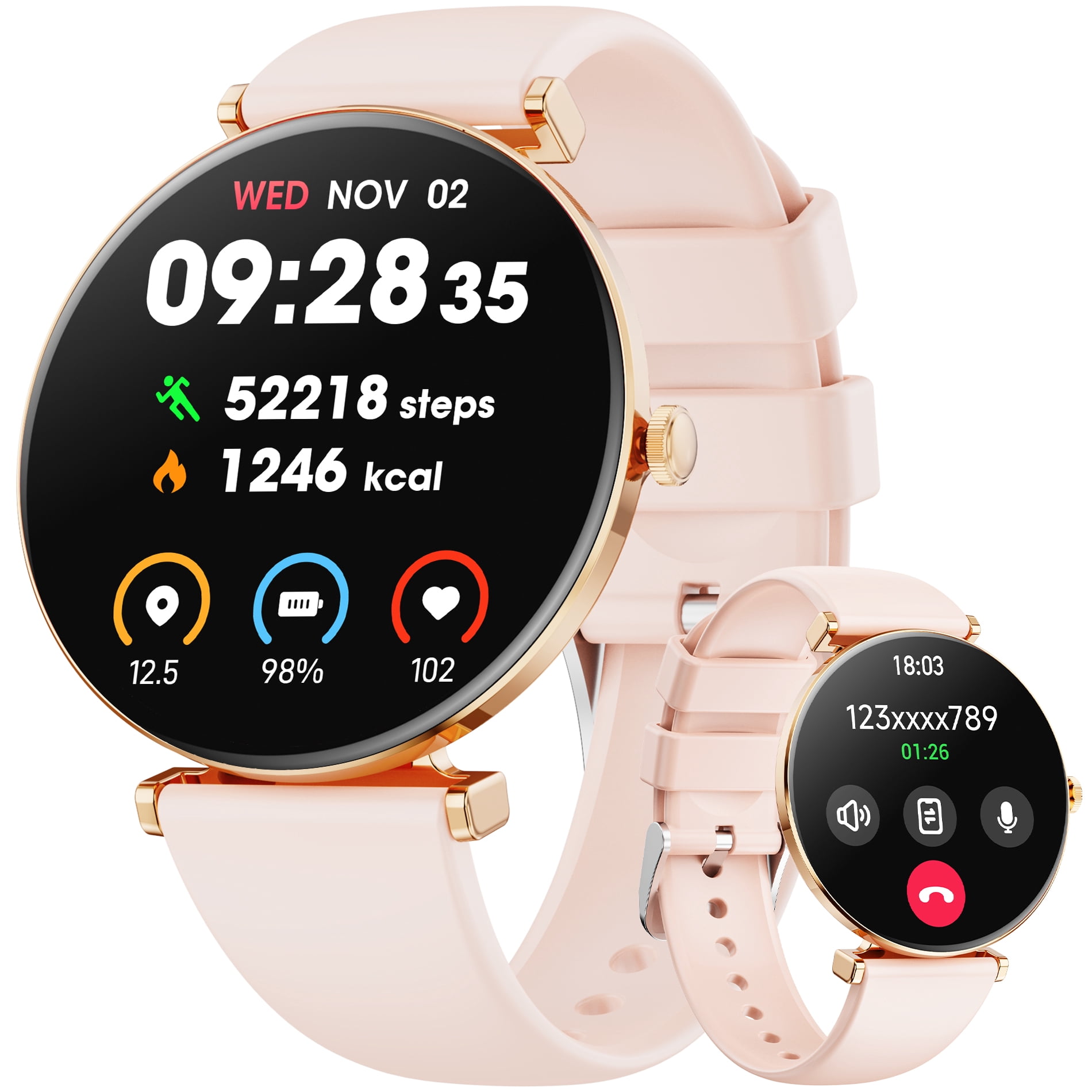 【AMOLED】Mingdaln 42mm Smart Watch for Women, fits for Android and Iphone Devices,with IP68 Waterproof/150plus Sport Modes，perfect gift，2 straps（Gold）