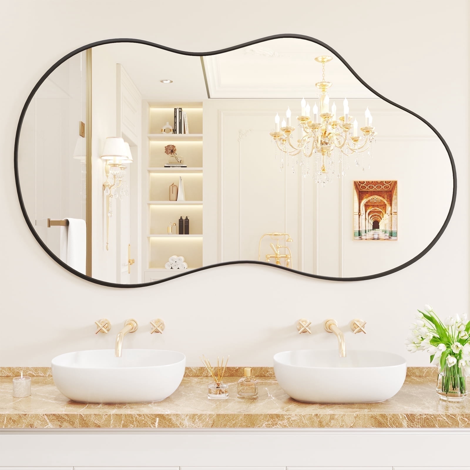 Swafrrt 26x46 inch Black Irregular Wall Mirror, Asymmetrical Mirror, Wavy Aluminum Alloy Frame Mirror for Bathroom, Bedroom, Living Room