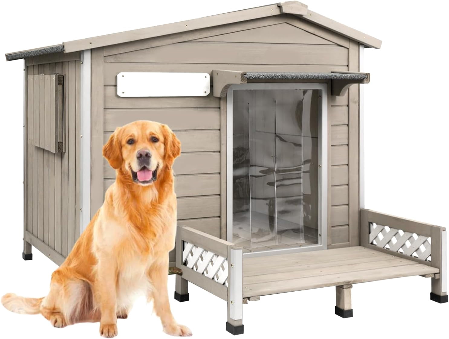 PETSCOSSET Wooden Dog House with Porch, All-Weather Pet House with Openable  Asphalt Roof, Gray