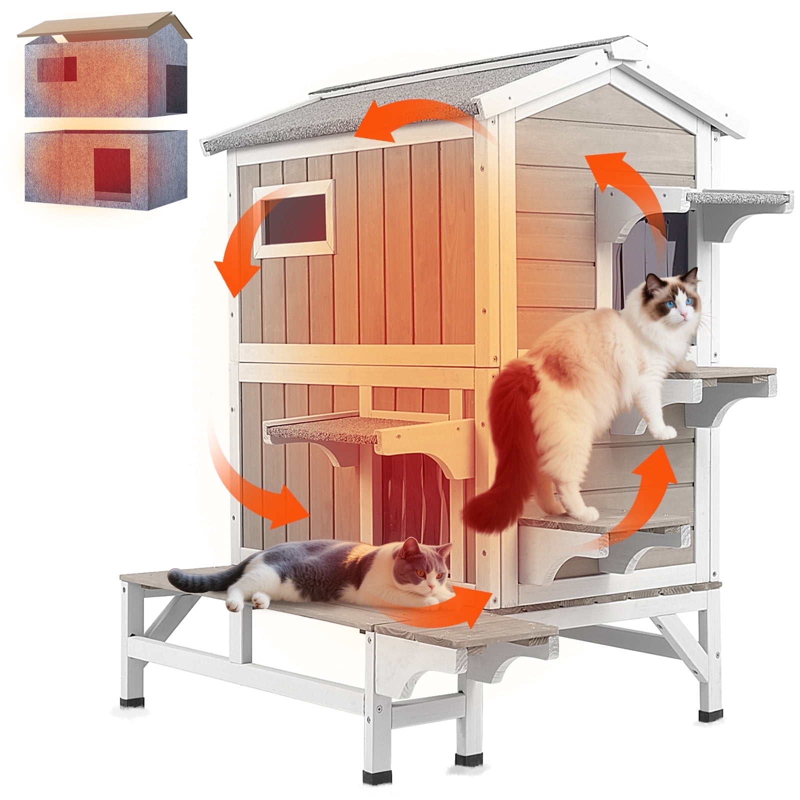 PETSCOSSET Insulated Outdoor Cat House Wooden Feral Cat Shelter with Balcony