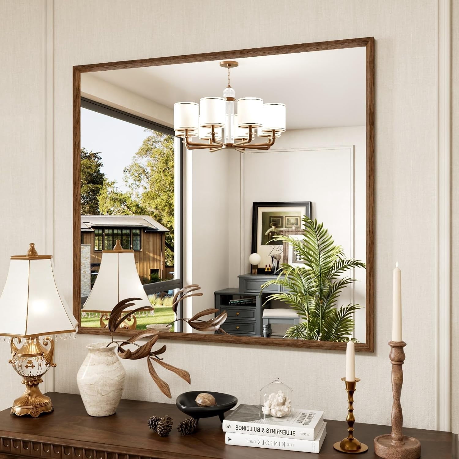 Swafrrt 40-Inchx 36-Inch Bathroom Wall Mirror with Walnut Wood Grain Framed, Vanity Mirror Anti-Rust, Anti-Fog, Waterproof